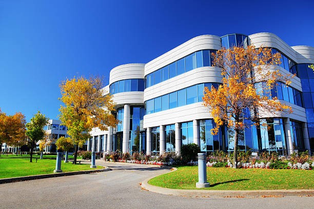 Healthcare campus building in autumn light