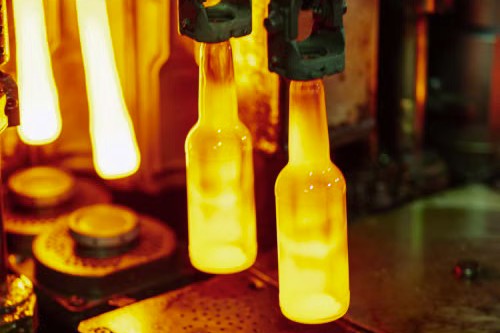 Glowing glass bottles on a forming line